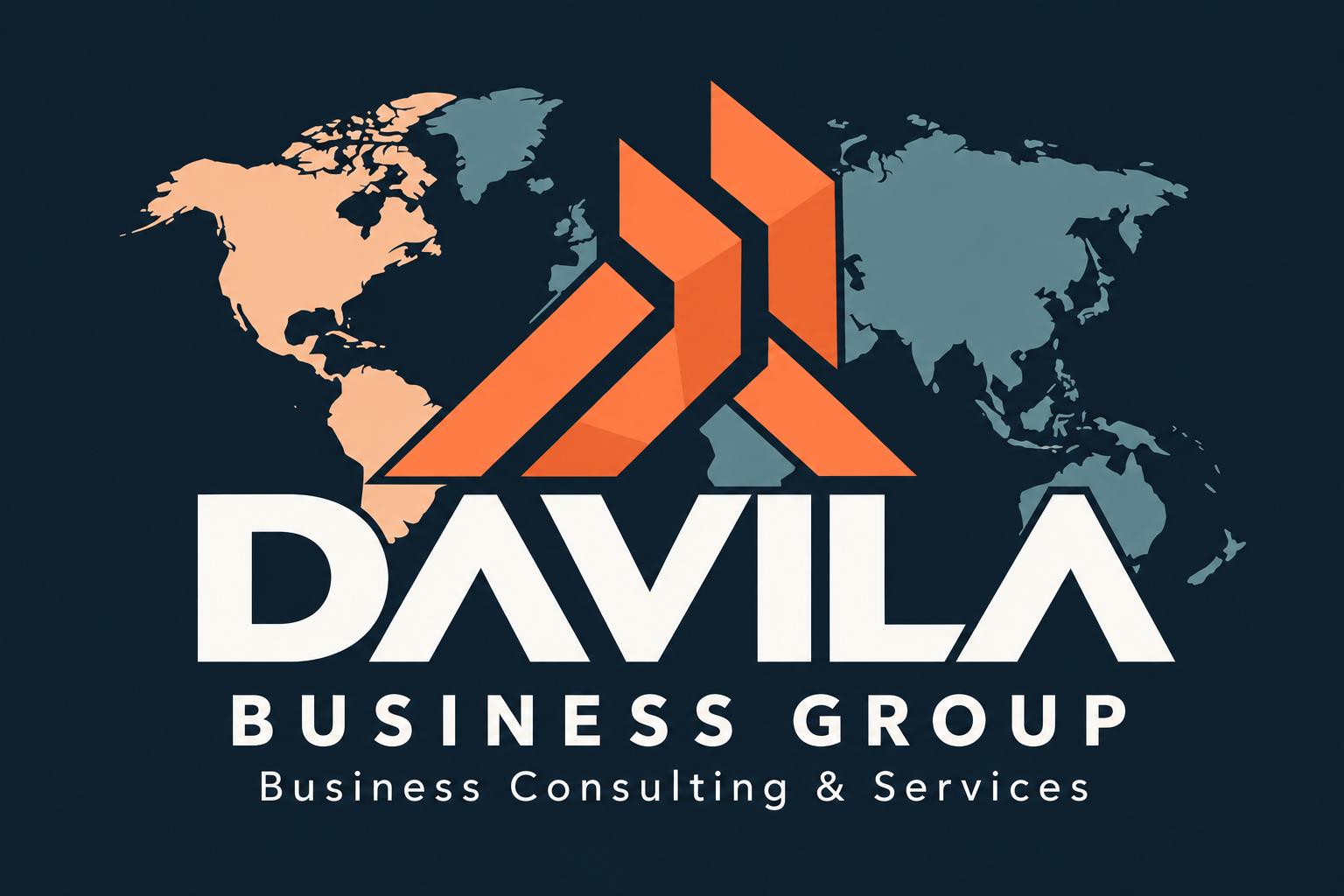 Davila Business Group: orange symbol and wordmark over a world map